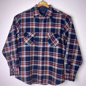 Vintage Sears Flannel Shirt Button Up Long Sleeve Blue Red Plaid Men's Large L